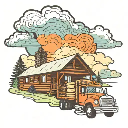 Log Cabin Cloud Background With Semi Truck Parked In Front
