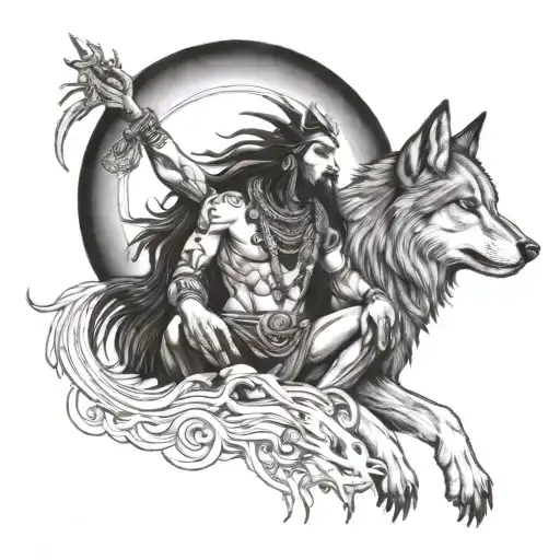 Shiva And Wolf Howling At The Moon