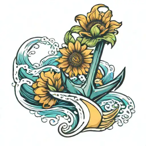 Anchor With Wave And Shell And Sunflower