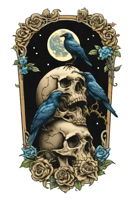 Moon And Raven Perched On A Skull With Blue Roses
