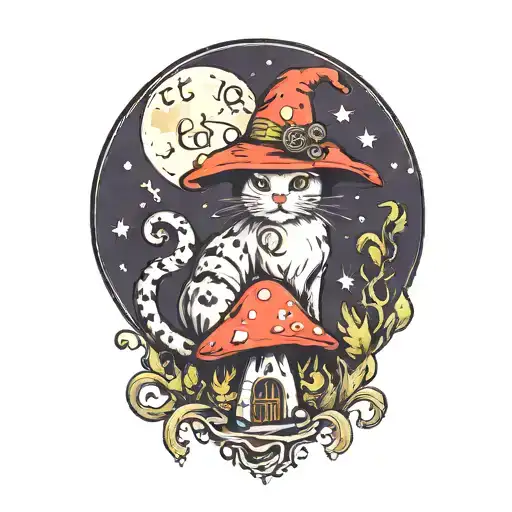 Cat And Magic Mushroom With Moon