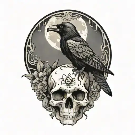 Moon And Raven Perched On A Skull