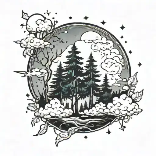 Forest With Cloud And A Big Moon And Stars