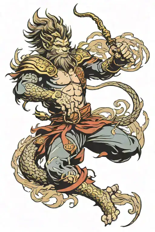 Sun Wukong With A Stave Flowing Hair And Dragon Emerging