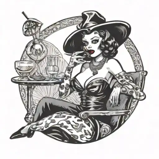 50'S Pinup Drinking A Martini With The Grim Reaper