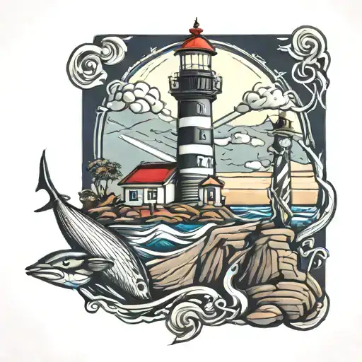 Light House With Father Son Fishing Scene