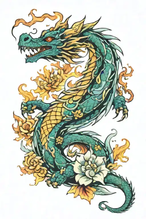 Dragon Breathing Fire With Floral Background