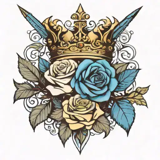 One Regular Size Rose And A Small Blue Rose Binder Together Going Through A Queen Crown And A Sword