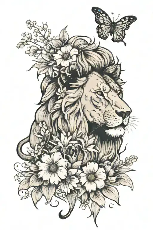 Lion And Wildflowers