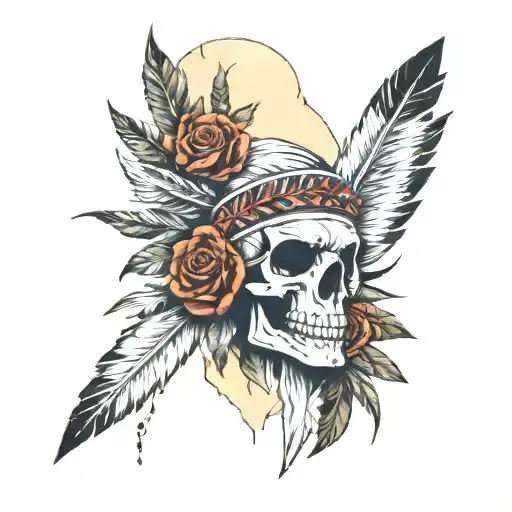 Arm Sleeve With Native American Skull With Roses And Feathers Falling