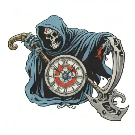 Grim Reaper Holding Scythe With Red Eyes And A Naive Blue Clock