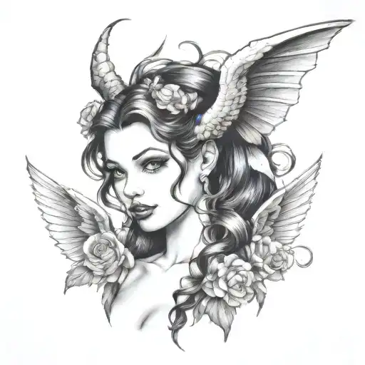 A Pin Up Girl With Gargoyle Horns And Engel Wings Close Up Looking Forward With Black Hair