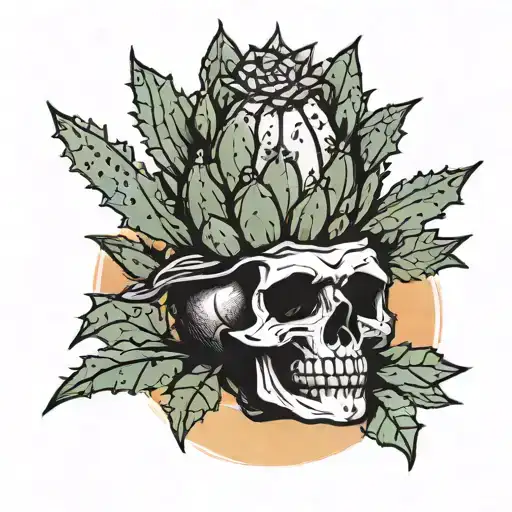 Cactus With A Skull Lying At Its Base On A Sunrise