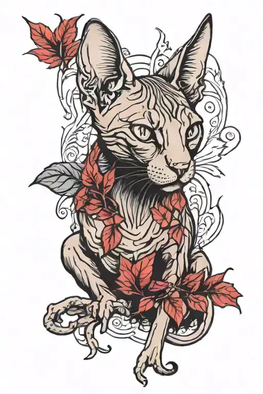 Black Sphynx Cat Climbing With Red Leaves And Roots Behind
