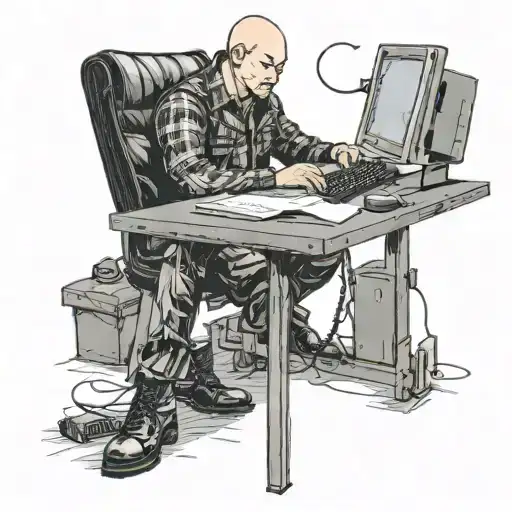 A Skinhead Software Developer With Boots Coding In His Computer In His Desk