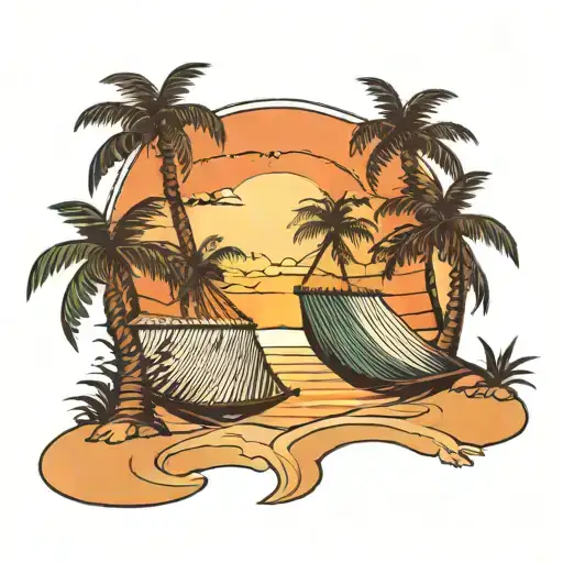 Two Palm Trees On The Beach Connected By A Hammock And Behind Them Is A Sunset