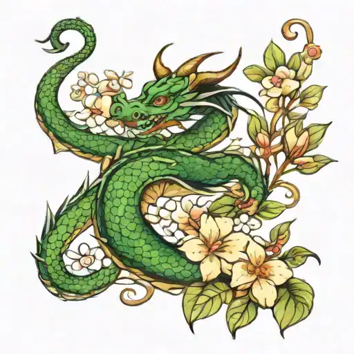 Dragon With Jasmine Flowers Tattoo Design