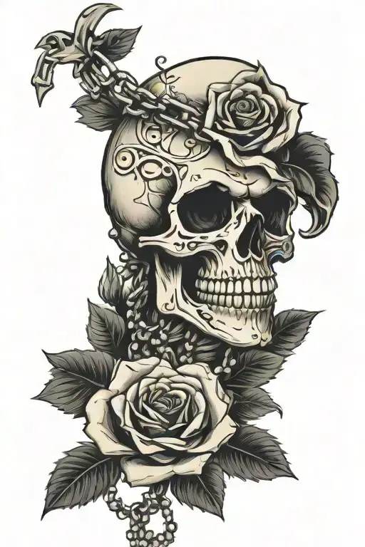 Skull Biting Rose With Rosary