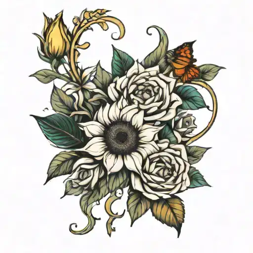 Sunflowers With Roses And Leaves Around A Quote