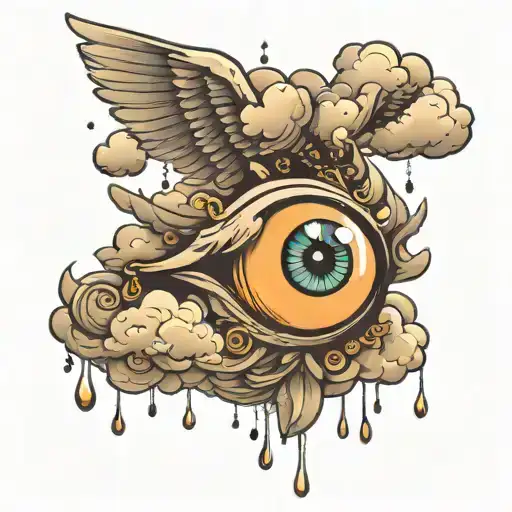 Clouds With Wing And Eye With Tear Drops Falling