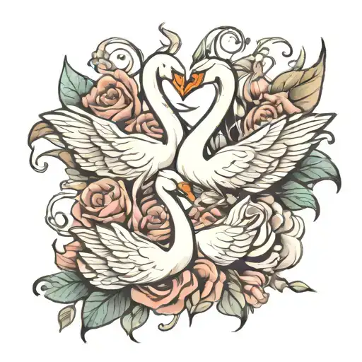 2 Swans Butterfly And Rose Intertwined