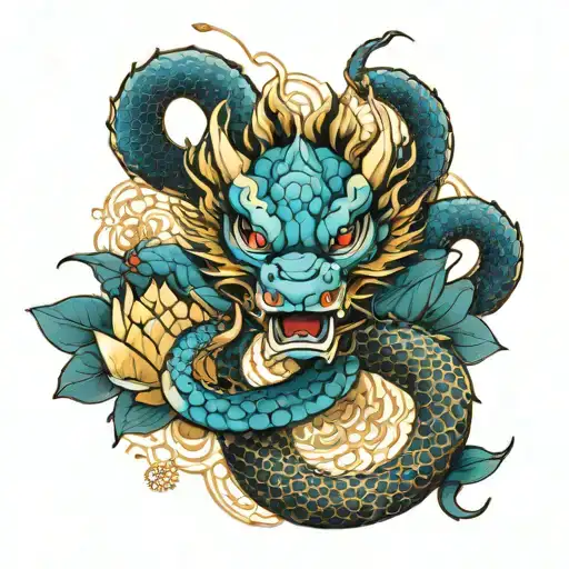 Blue And Gold Japanese Dragon And Lotus Flower And Seed Of Life