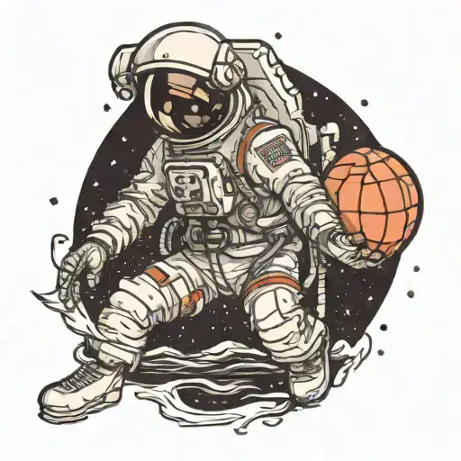 Astronaut Looking Over Water During The Night Holding A Basketball