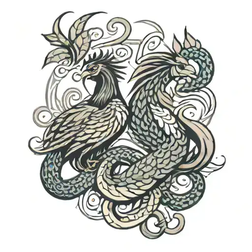 Snake And Rooster Entwined