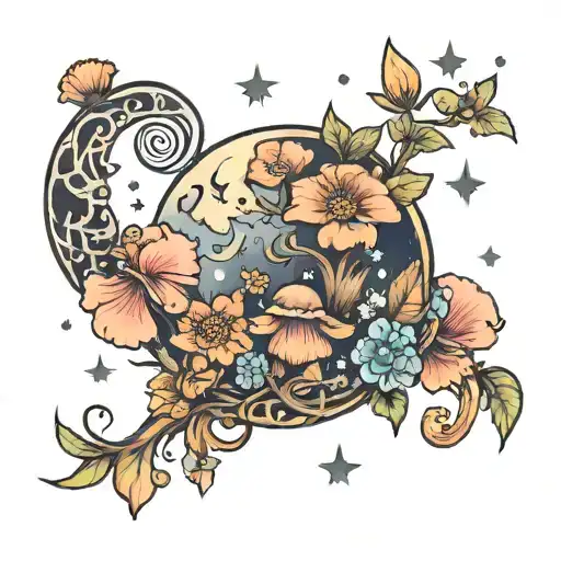 Moon With Flowers And Crystals And Mushrooms Growing