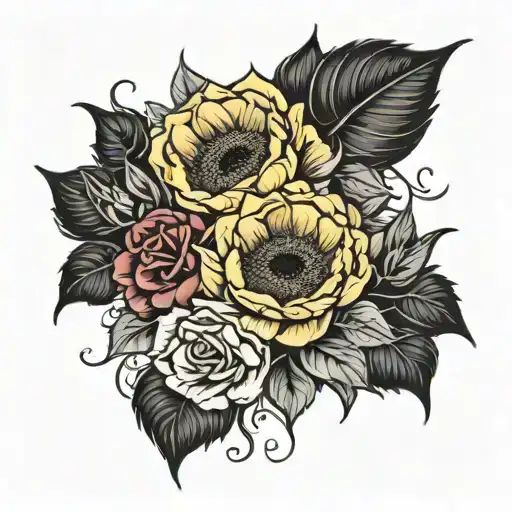 Sunflower And Roses