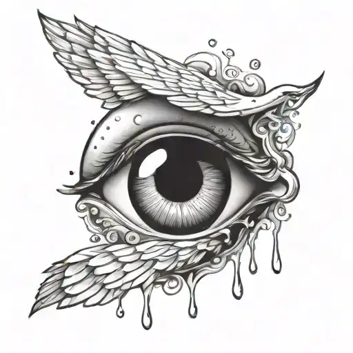 Eye Ball With Tear Drops Floating In A Cloud With Wings