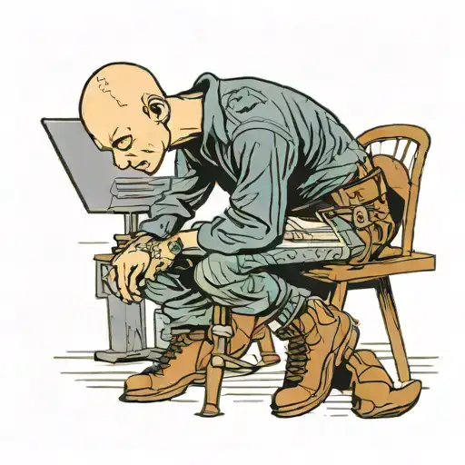 A Skinhead Software Developer With Boots Coding In His Computer In His Desk