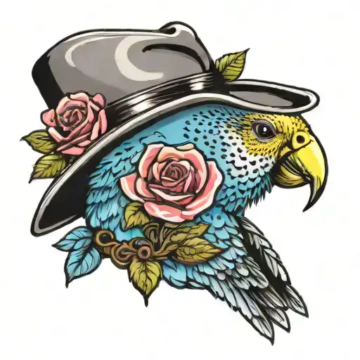 Budgie Wearing A Cowboy Hat With A Rose And A Forget-me-not In Its Mouth