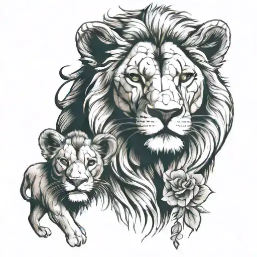 Lion And Two Cubs Face Only