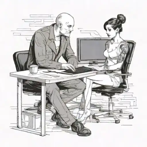 A Skinhead Software Developer Coding In His Computer And A Sexy Girl Sitting With Him In The Desk