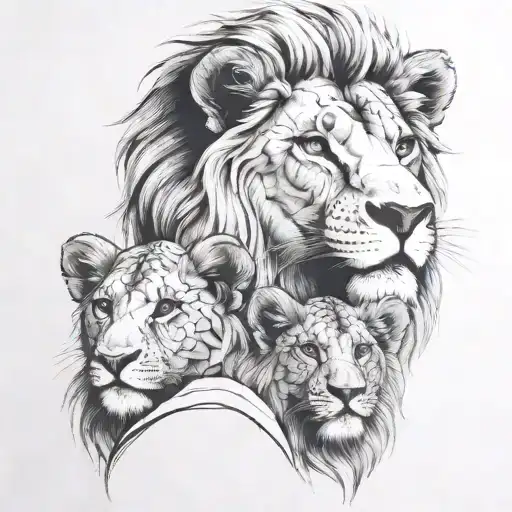 Lion And Two Cubs Face Only