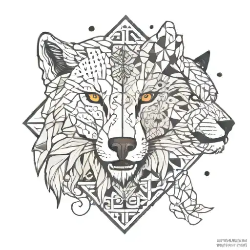 Wolf And Lion Scattered With Geometric Figures And Dotted And Solid Lines
