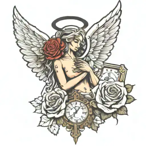 Angel With Cross And Rose And Time