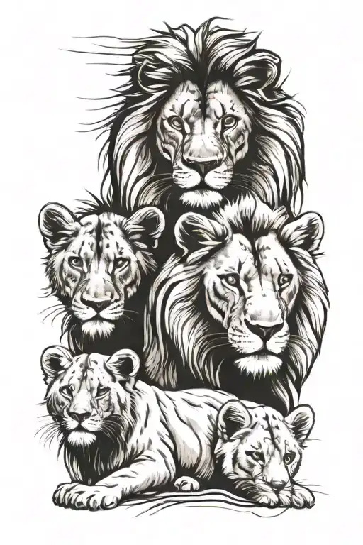 Lion And Two Cubs Face Only