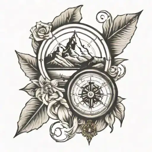 Mountain Range Wrapped Around Arm With Compass Rose Intertwined