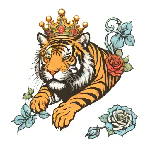 A Big Crown A Tiger With Blue Eyes Wrapped Around With Rosses And Angeles All Black And White