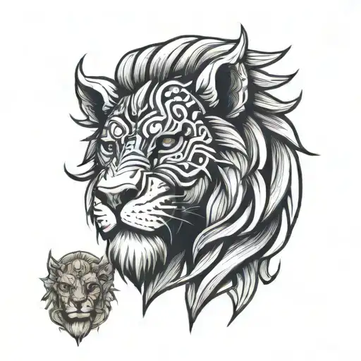 Head Of A Fierce Lion Behind A Wear Warrior Knight