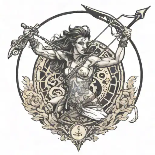 Female Shirtless Centaur Shooting Bow And Arrow With Large Compass Behind Sagittarius