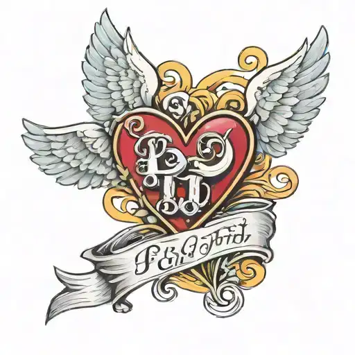 Heart With The Letters P And J Inside With A Halo Above The Heart And Angel Wings