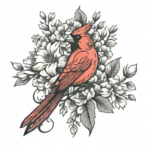 Red Cardinal With Flowers Blooming