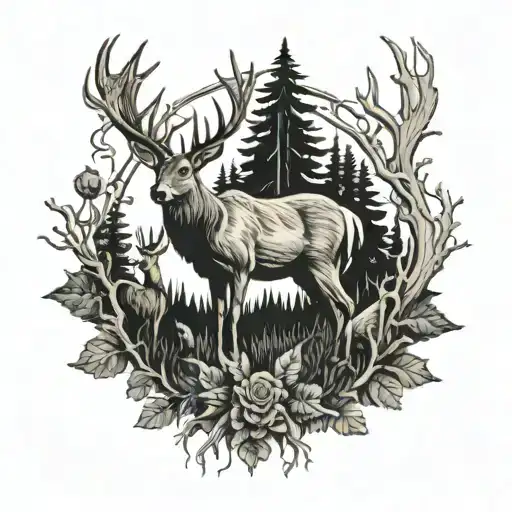 6 Point Deer In Woods With Turkeys And Coyotes Nestled