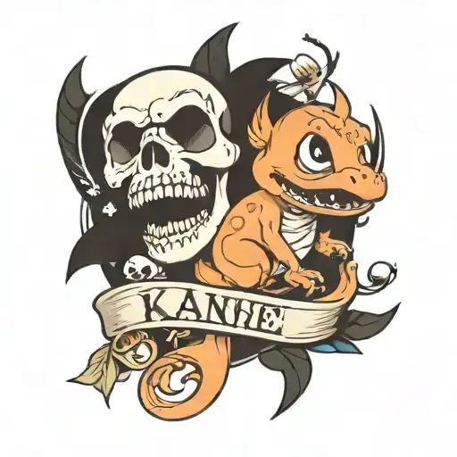 Skull With A Baby's Foot And A Charmander On The Side With Kani Written On It