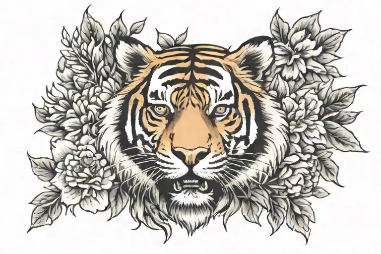 Tiger Behind Flowers Blooming