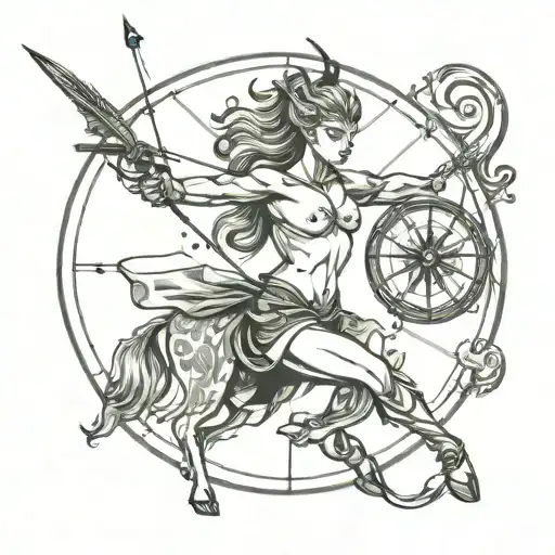 Female Shirtless Centaur Shooting Bow And Arrow With Large Compass Behind