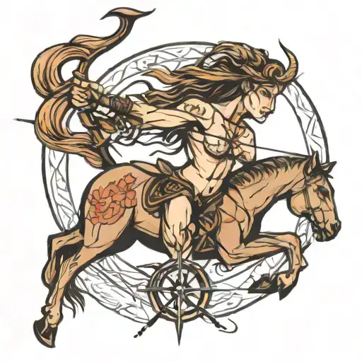 Female Centaur Shirtless Shooting Bow And Arrow With Compass